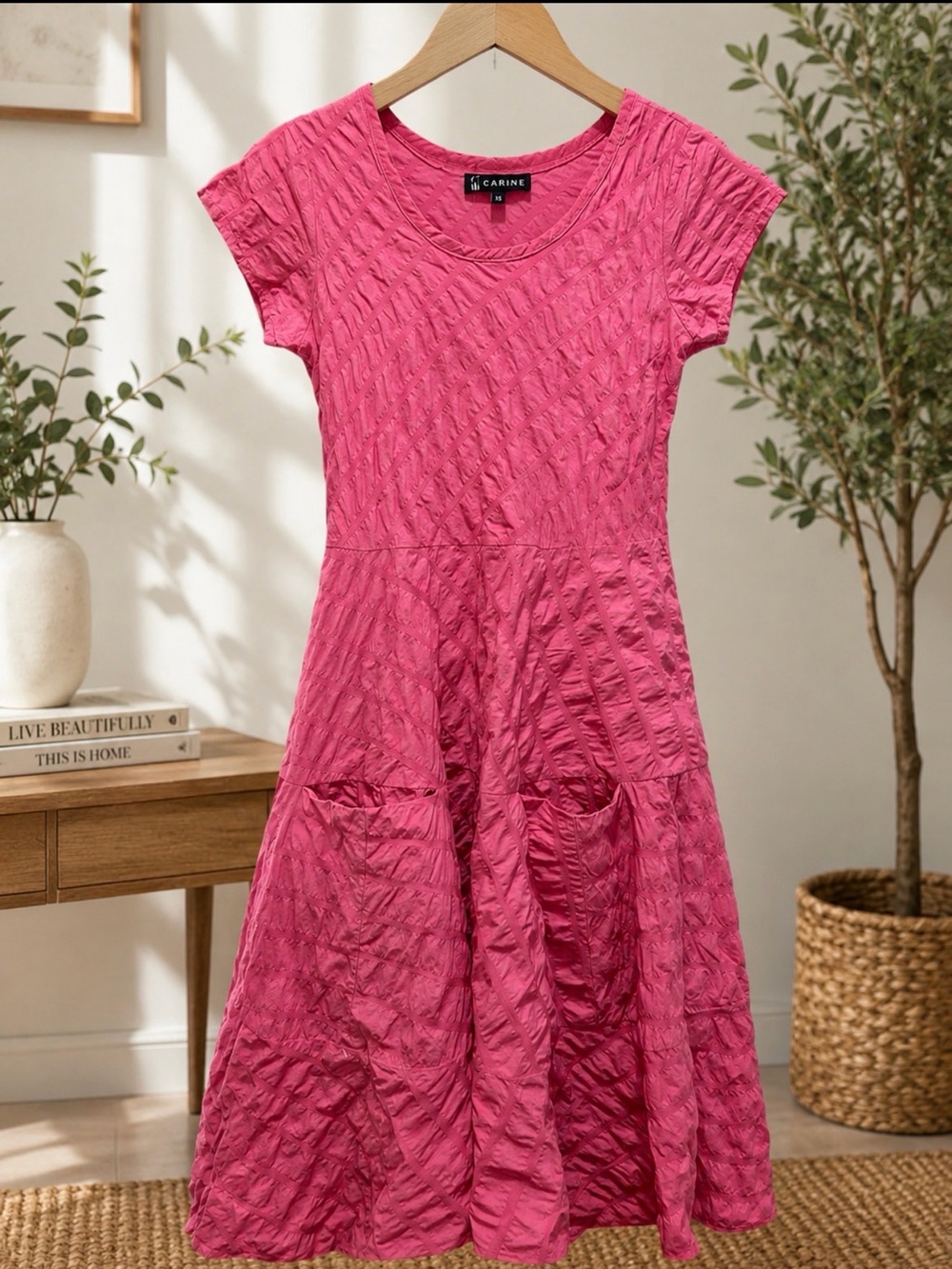 Carine Pink Textured cotton Scoop-Neck Dress with Pockets size XS